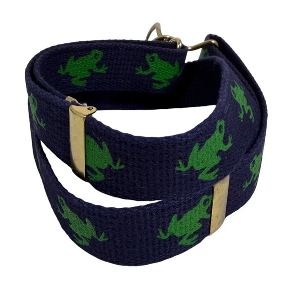 VTG Adjustable Green Frog Patterned Navy On Blue Canvas Belt Brass D-Ring Buckle - Picture 2 of 2